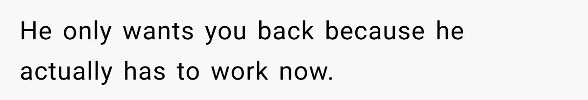 He only wants you back because he actually has to work now.