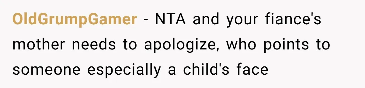 OldGrumpGamer − NTA and your fiance's mother needs to apologize, who points to someone especially a child's face