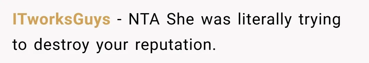 ITworksGuys − NTA She was literally trying to destroy your reputation.