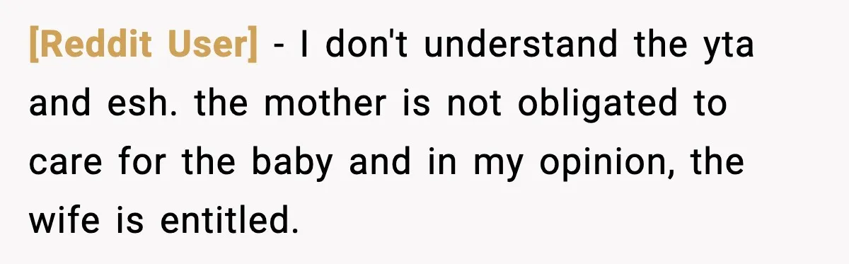 [Reddit User] - I don't understand the yta and esh. the mother is not obligated to care for the baby and in my opinion, the wife is entitled.
