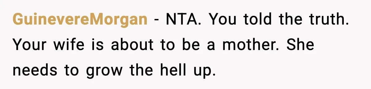GuinevereMorgan - NTA. You told the truth. Your wife is about to be a mother. She needs to grow the hell up.