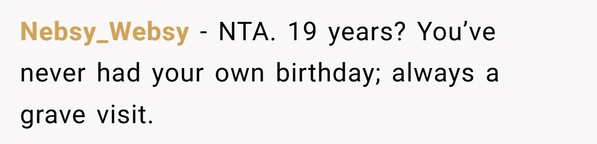 Nebsy_Websy − NTA. 19 years? You’ve never had your own birthday; always a grave visit.
