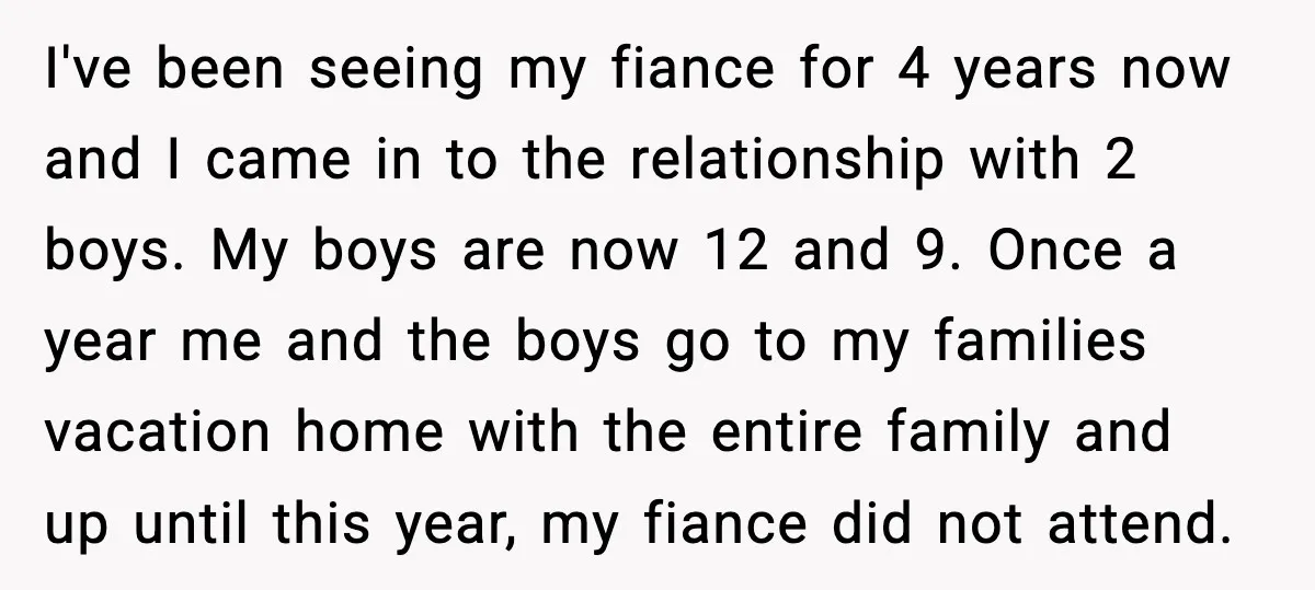 I've been seeing my fiance for 4 years now and I came in to the relationship with 2 boys. My boys are now 12 and 9. Once a year me...