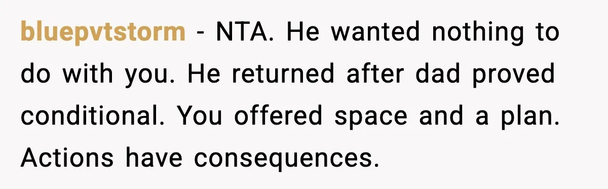 bluepvtstorm - NTA. He wanted nothing to do with you. He returned after dad proved conditional. You offered space and a plan. Actions have consequences.
