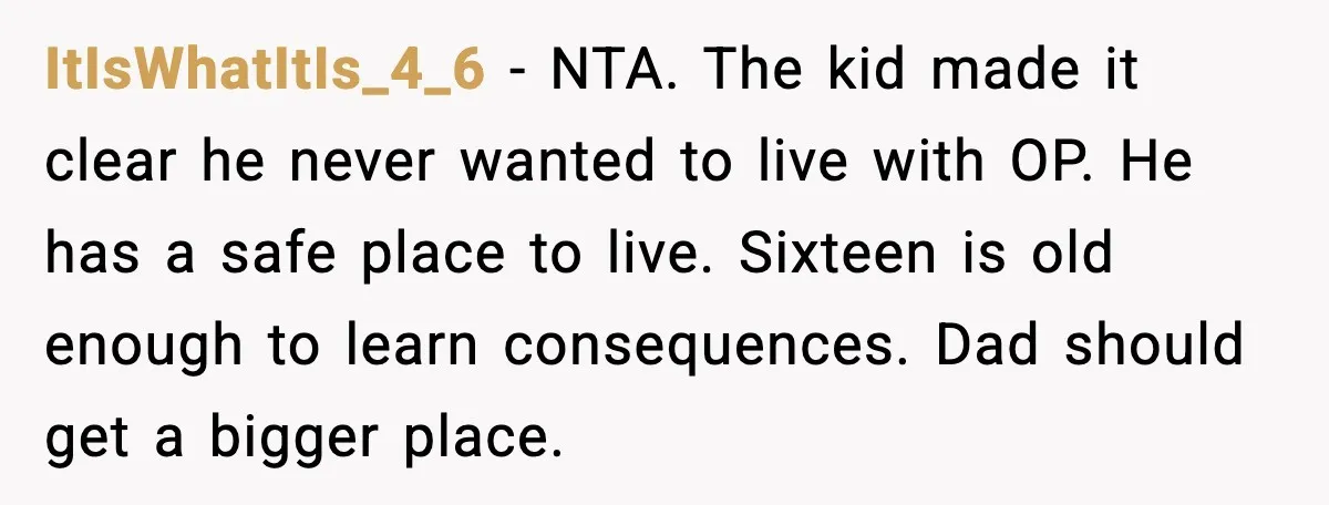 ItIsWhatItIs_4_6 - NTA. The kid made it clear he never wanted to live with OP. He has a safe place to live. Sixteen is old enough to learn consequences. Dad...