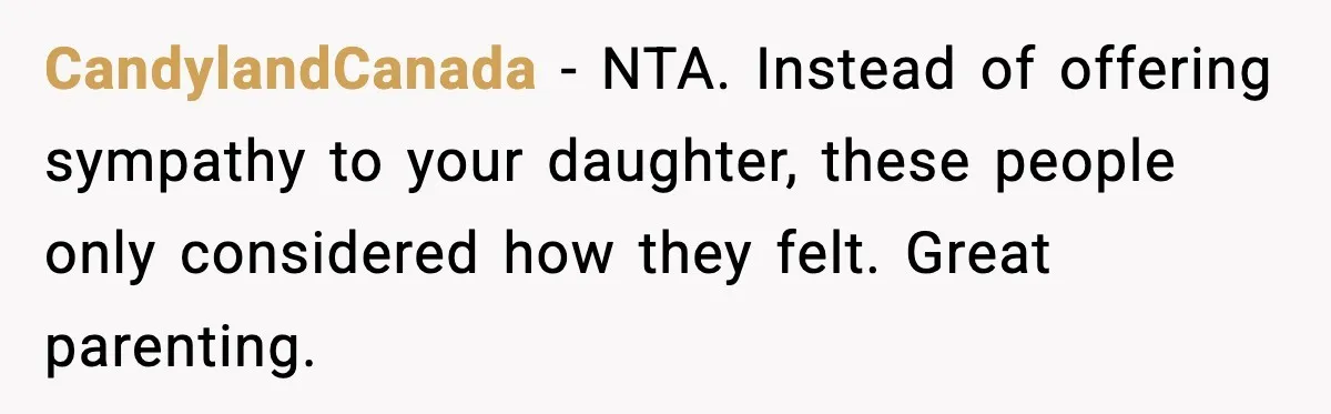 CandylandCanada − NTA. Instead of offering sympathy to your daughter, these people only considered how they felt. Great parenting.