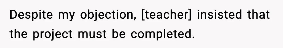 Despite my objection, [teacher] insisted that the project must be completed.
