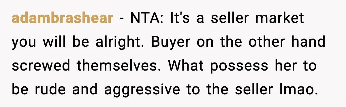 adambrashear - NTA: It's a seller market you will be alright. Buyer on the other hand screwed themselves. What possess her to be rude and aggressive to the seller lmao.