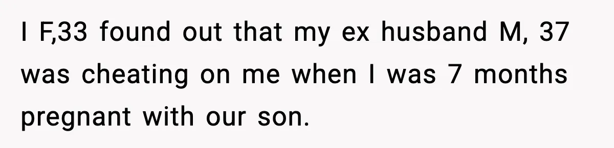 I F,33 found out that my ex husband M, 37 was cheating on me when I was 7 months pregnant with our son.