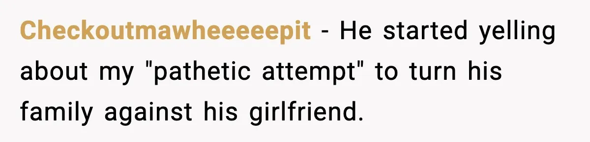 Checkoutmawheeeeepit − He started yelling about my "pathetic attempt" to turn his family against his girlfriend.