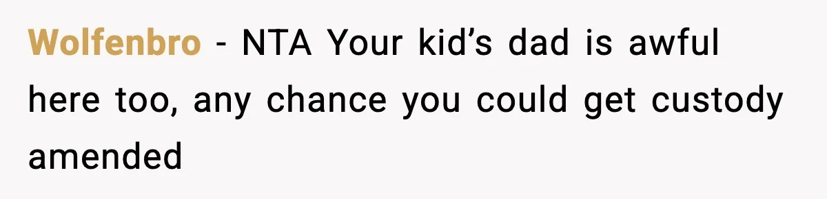 Wolfenbro − NTA Your kid’s dad is awful here too, any chance you could get custody amended