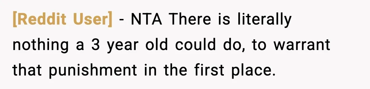[Reddit User] − NTA There is literally nothing a 3 year old could do, to warrant that punishment in the first place.