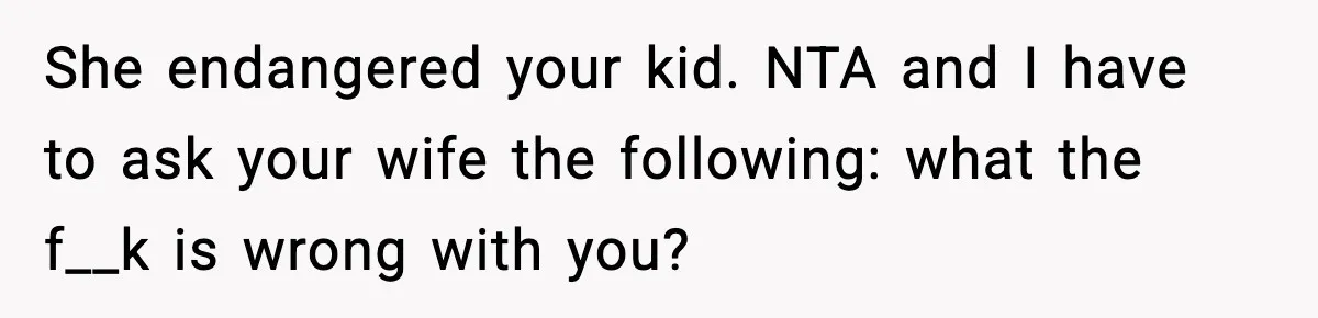 She endangered your kid. NTA and I have to ask your wife the following: what the f__k is wrong with you?