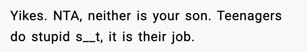 Yikes. NTA, neither is your son. Teenagers do stupid s__t, it is their job.