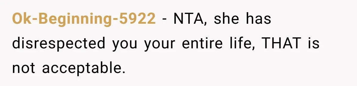 Ok-Beginning-5922 − NTA, she has disrespected you your entire life, THAT is not acceptable.