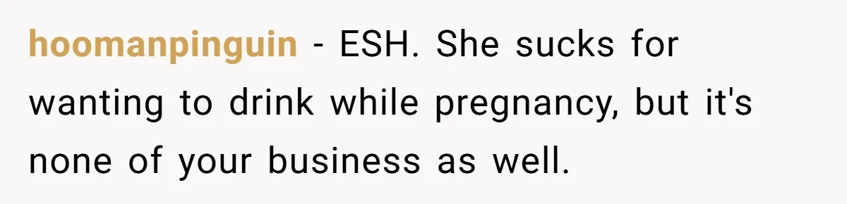 hoomanpinguin − ESH. She sucks for wanting to drink while pregnancy, but it's none of your business as well.
