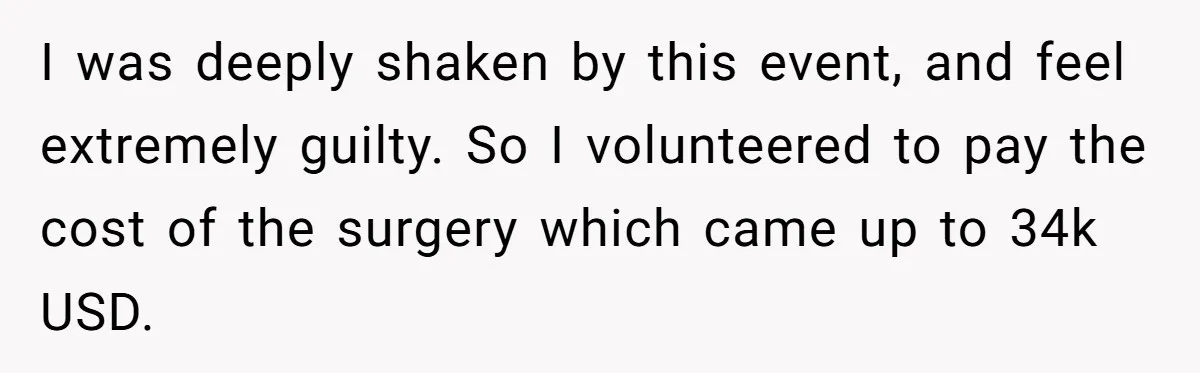 I was deeply shaken by this event, and feel extremely guilty. So I volunteered to pay the cost of the surgery which came up to 34k USD.