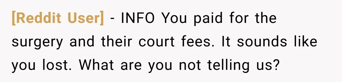 [Reddit User] − INFO You paid for the surgery and their court fees. It sounds like you lost. What are you not telling us?