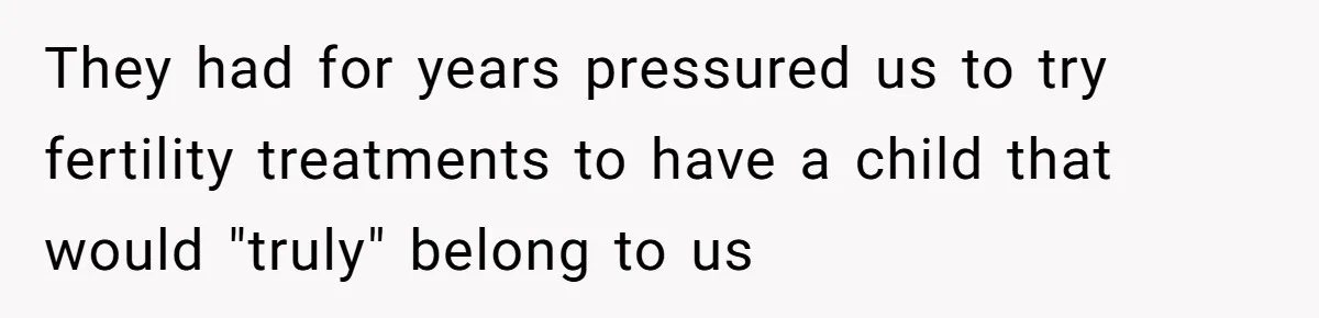 They had for years pressured us to try fertility treatments to have a child that would "truly" belong to us