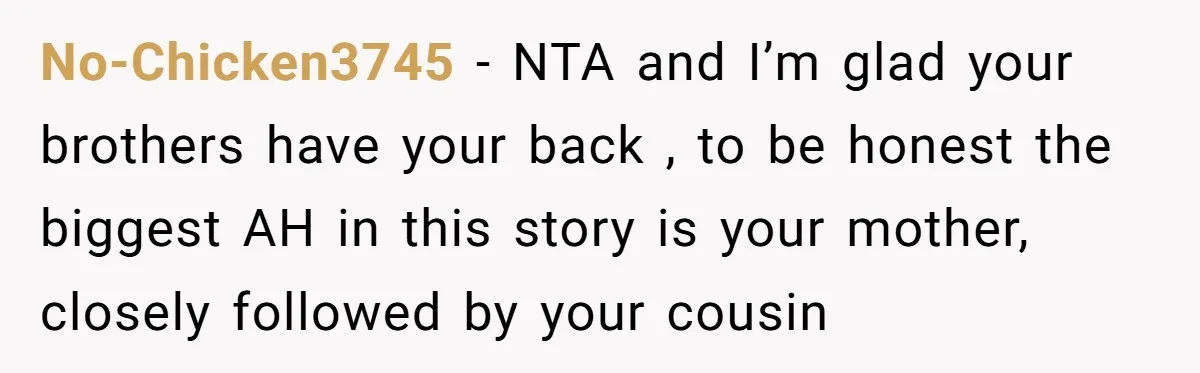 No-Chicken3745 − NTA and I’m glad your brothers have your back , to be honest the biggest AH in this story is your mother, closely followed by your cousin