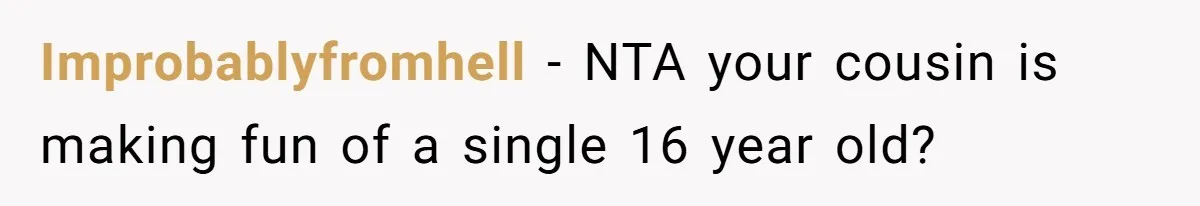 Improbablyfromhell − NTA your cousin is making fun of a single 16 year old?