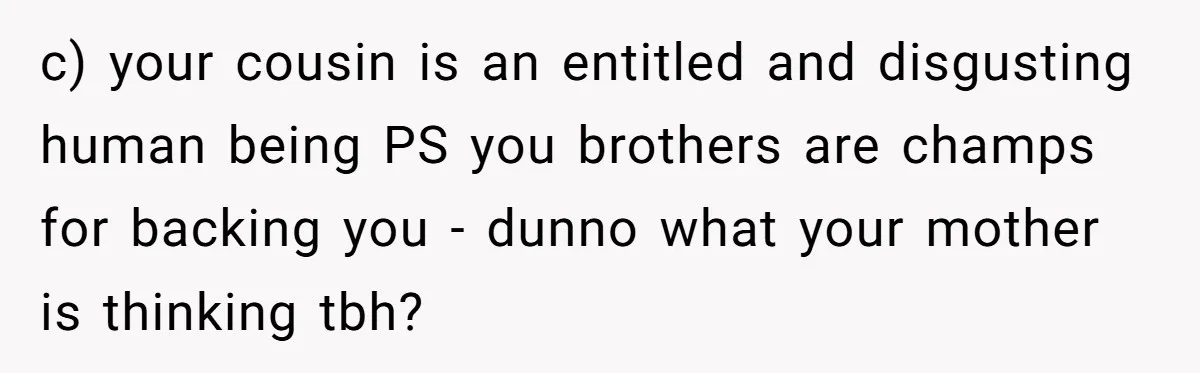 c) your cousin is an entitled and disgusting human being PS you brothers are champs for backing you - dunno what your mother is thinking tbh?