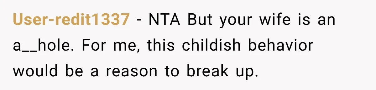 User-redit1337 − NTA But your wife is an a__hole. For me, this childish behavior would be a reason to break up.