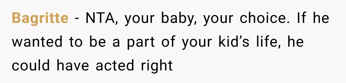 Bagritte − NTA, your baby, your choice. If he wanted to be a part of your kid’s life, he could have acted right