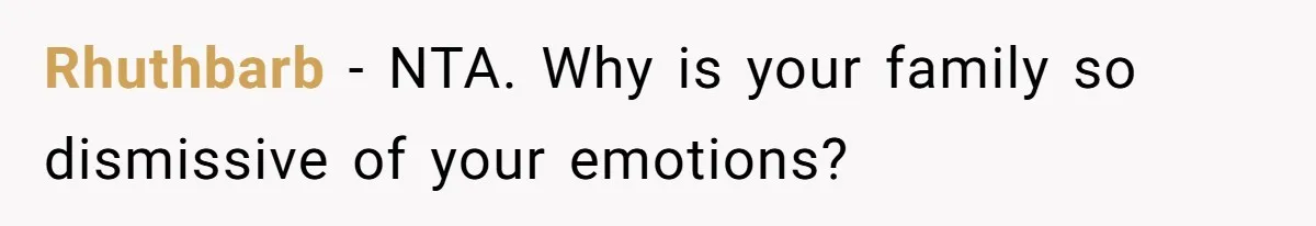 Rhuthbarb − NTA. Why is your family so dismissive of your emotions?