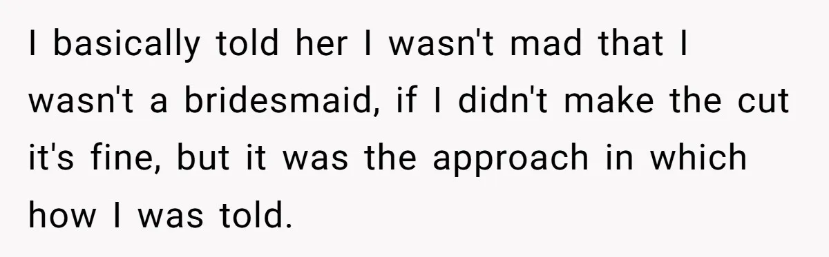 I basically told her I wasn't mad that I wasn't a bridesmaid, if I didn't make the cut it's fine, but it was the approach in which how I was...