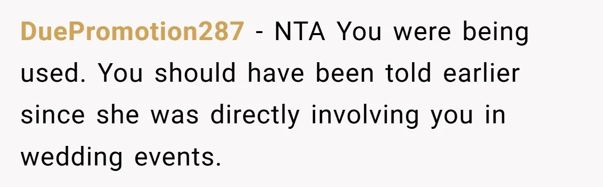 DuePromotion287 − NTA You were being used. You should have been told earlier since she was directly involving you in wedding events.