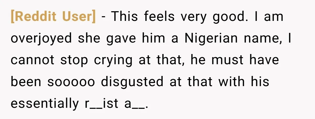 [Reddit User] − This feels very good. I am overjoyed she gave him a Nigerian name, I cannot stop crying at that, he must have been sooooo disgusted at that...