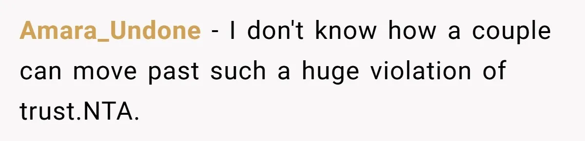Amara_Undone − I don't know how a couple can move past such a huge violation of trust.NTA.