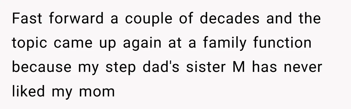 Fast forward a couple of decades and the topic came up again at a family function because my step dad's sister M has never liked my mom