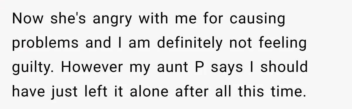 Now she's angry with me for causing problems and I am definitely not feeling guilty. However my aunt P says I should have just left it alone after all this...