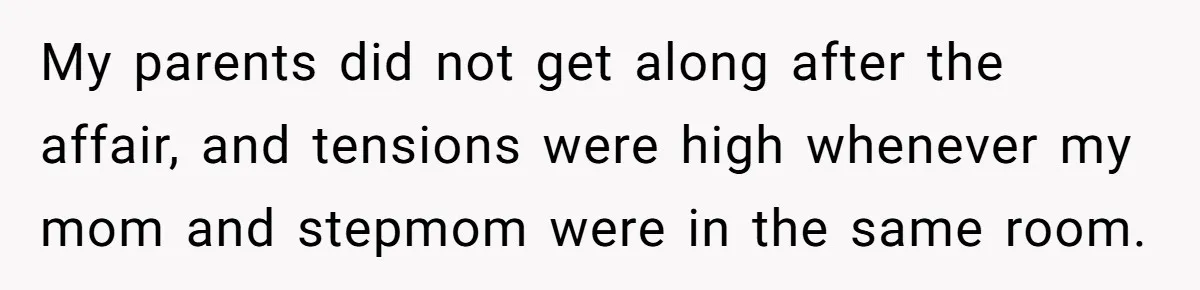 My parents did not get along after the affair, and tensions were high whenever my mom and stepmom were in the same room.