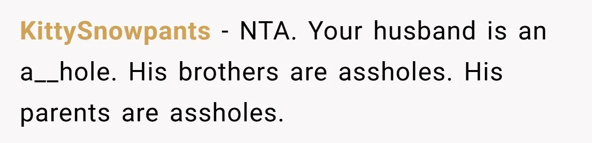 KittySnowpants − NTA. Your husband is an a__hole. His brothers are assholes. His parents are assholes.