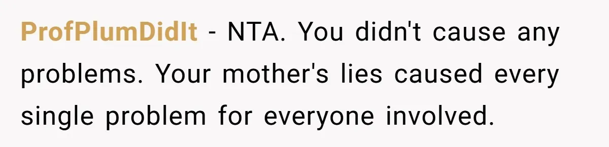 ProfPlumDidIt − NTA. You didn't cause any problems. Your mother's lies caused every single problem for everyone involved.