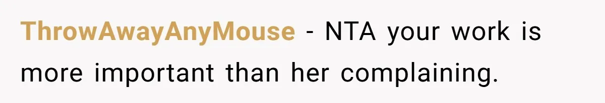 ThrowAwayAnyMouse − NTA your work is more important than her complaining.