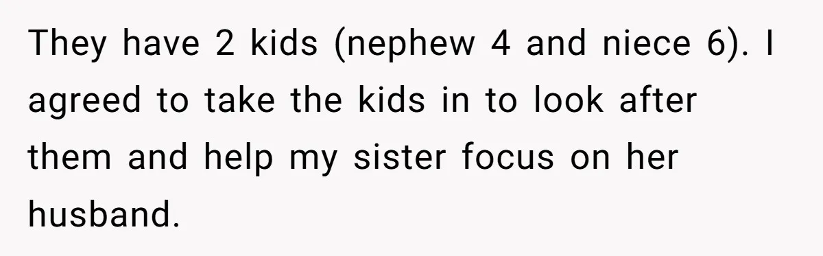 They have 2 kids (nephew 4 and niece 6). I agreed to take the kids in to look after them and help my sister focus on her husband.