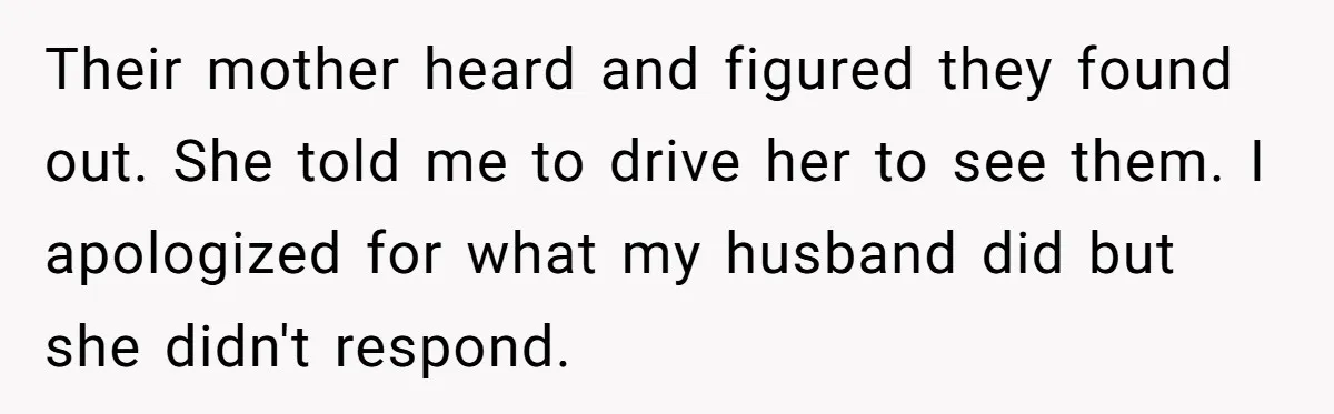 Their mother heard and figured they found out. She told me to drive her to see them. I apologized for what my husband did but she didn't respond.