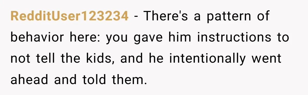 RedditUser123234 − There's a pattern of behavior here: you gave him instructions to not tell the kids, and he intentionally went ahead and told them.