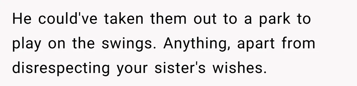 He could've taken them out to a park to play on the swings. Anything, apart from disrespecting your sister's wishes.