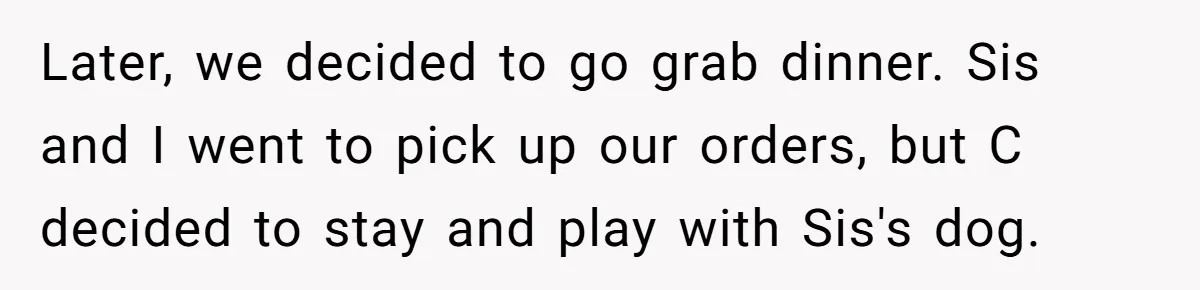 Later, we decided to go grab dinner. Sis and I went to pick up our orders, but C decided to stay and play with Sis's dog.