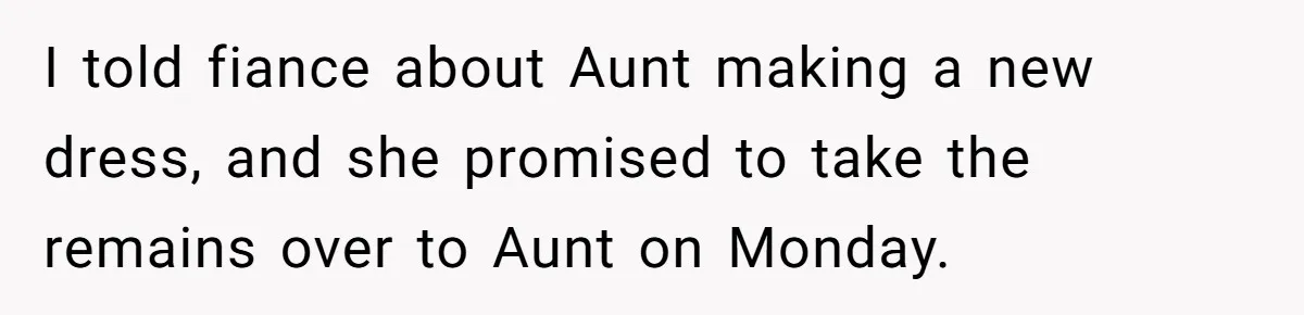 I told fiance about Aunt making a new dress, and she promised to take the remains over to Aunt on Monday.