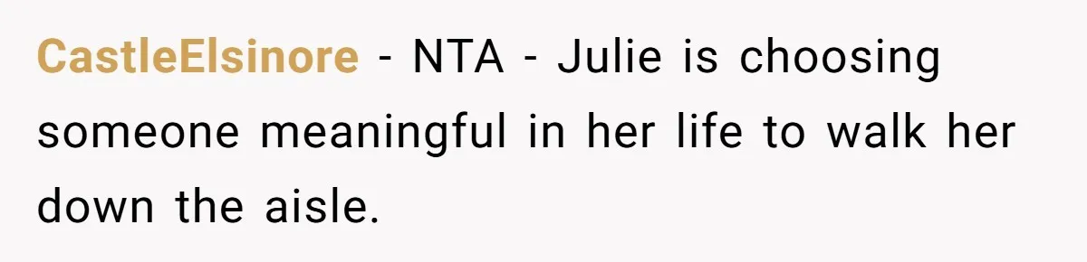 CastleElsinore − NTA - Julie is choosing someone meaningful in her life to walk her down the aisle.