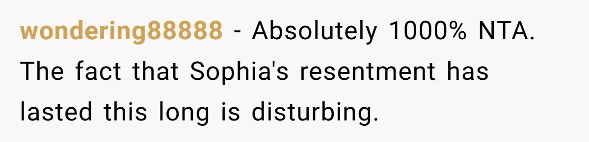 wondering88888 − Absolutely 1000% NTA. The fact that Sophia's resentment has lasted this long is disturbing.