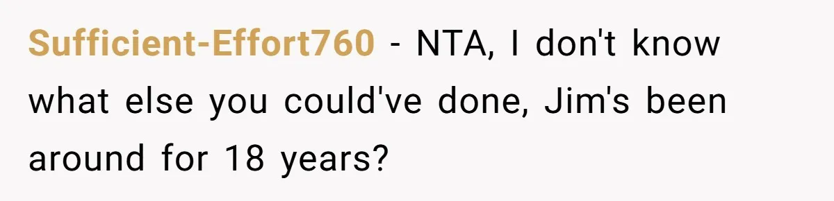 Sufficient-Effort760 − NTA, I don't know what else you could've done, Jim's been around for 18 years?