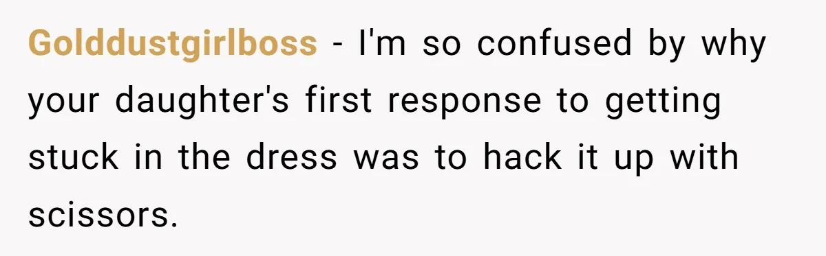 Golddustgirlboss − I'm so confused by why your daughter's first response to getting stuck in the dress was to hack it up with scissors.