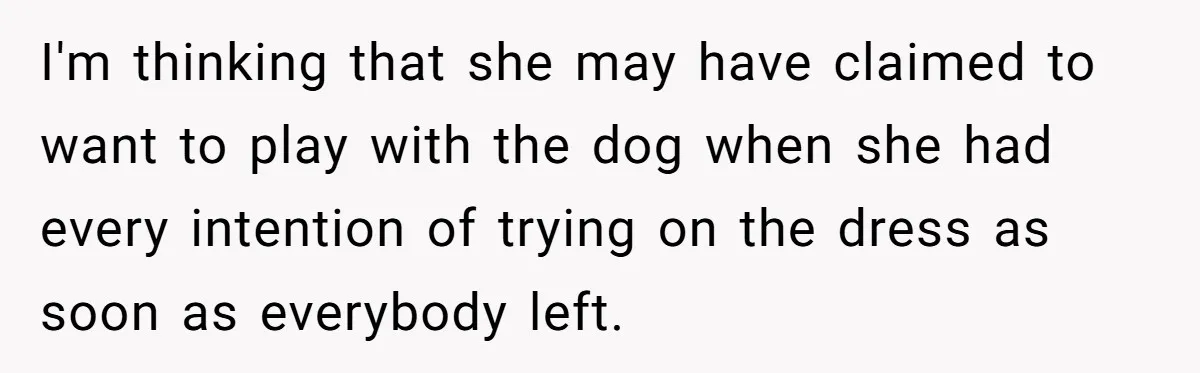 I'm thinking that she may have claimed to want to play with the dog when she had every intention of trying on the dress as soon as everybody left.